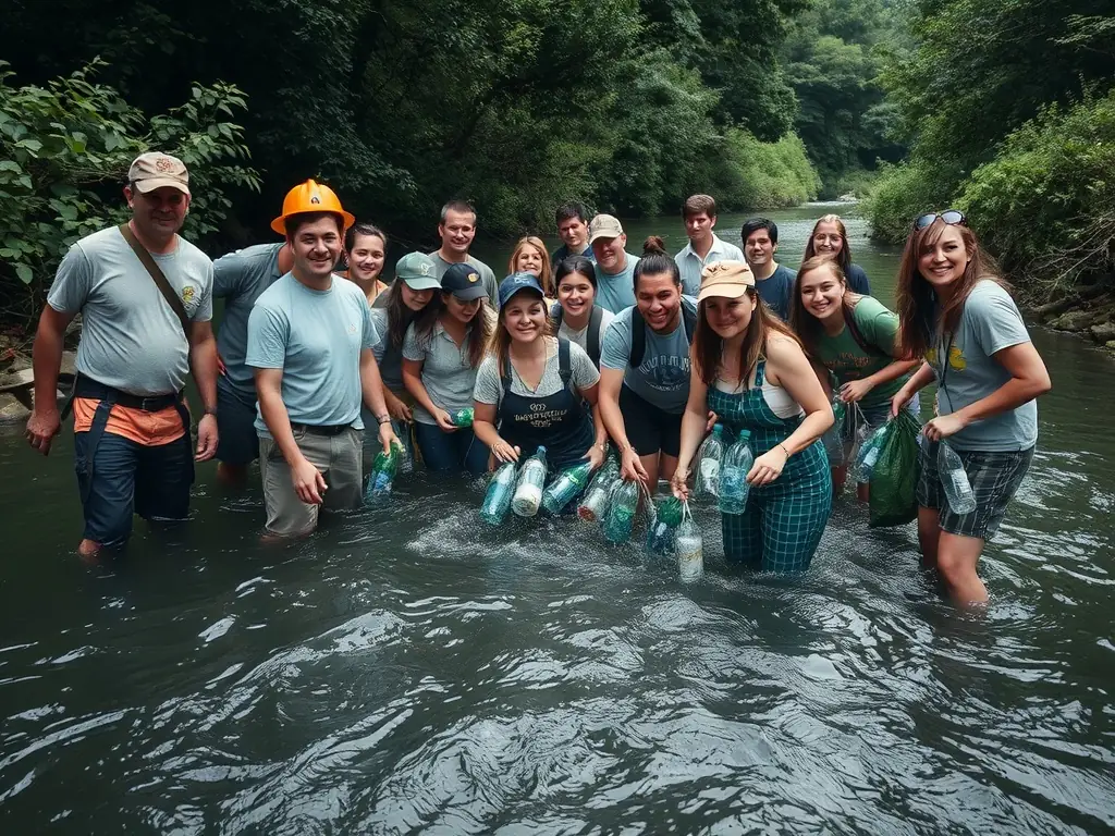 An image of a group of volunteers participating in a river cleanup, removing trash and debris from the water and surrounding banks.