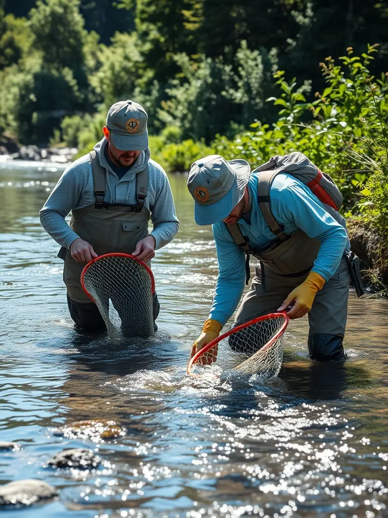 A clear photo of FPPMA12 staff conducting a fish population survey in a local river, using nets and scientific equipment to gather data.