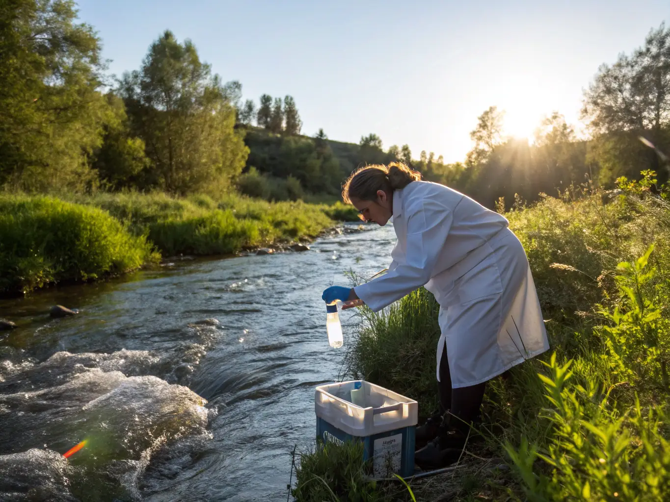 An image of scientists collecting water samples from a river, with lush greenery in the background, showcasing water quality monitoring.