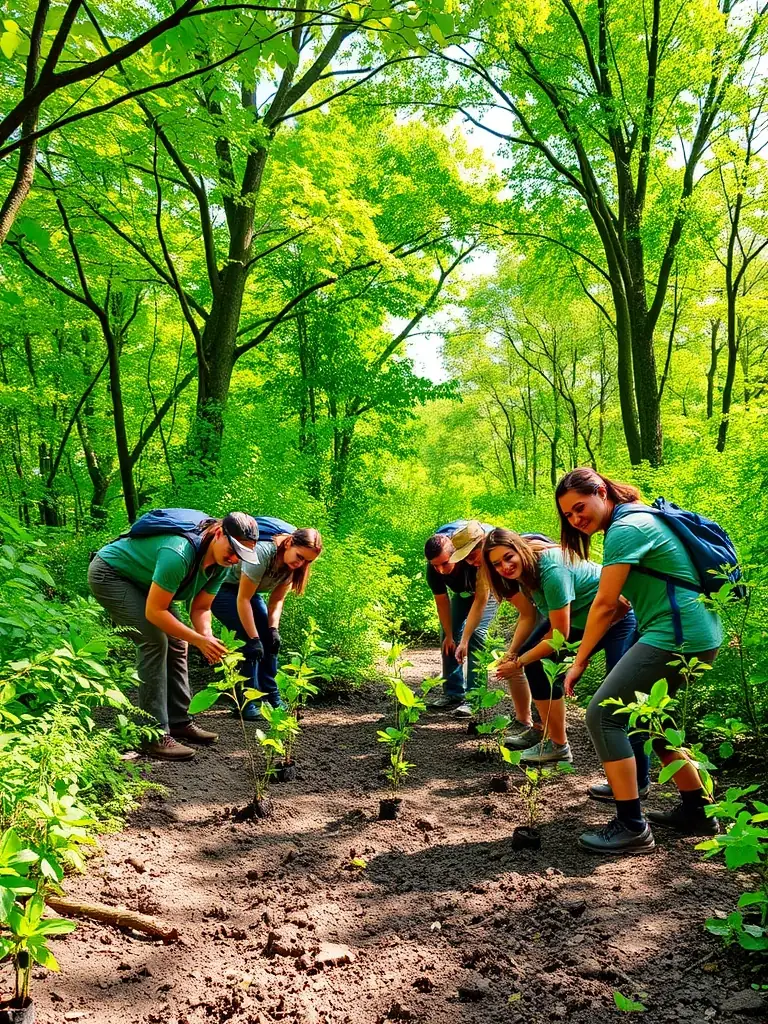A vibrant image of volunteers planting vegetation along a riverbank as part of a habitat restoration project, showcasing FPPMA12's commitment to improving aquatic environments.